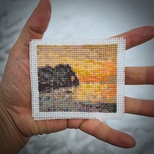 Modern cross stitch pattern &quot;Etretat, Cliff of d Aval, Sunset&quot; by Claude Monet. (P259) Miniature art cross stitch.