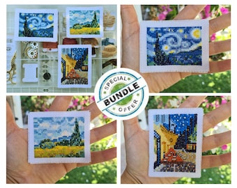 3 in 1 Bundle winzigen Van Gogh Kreuzstichmustern Bundle, Sternennacht, Weizenfelder und Cafe Terrasse. Miniaturkunst Kreuzstich.