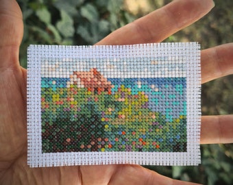 Modern cross stitch pattern "Fishermans Cottage" by Claude Monet. (P318) Miniature art cross stitch.