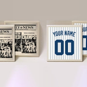 May include: Four ceramic coasters featuring a newspaper headline that reads "Top of the World! Champs!" and a baseball jersey with the text "Your Name" and the number "00".