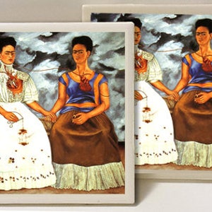 May include: Two women in a painting, both with dark hair and wearing dresses. The woman on the left is wearing a white dress with a red heart on it. The woman on the right is wearing a brown dress with a blue top and a red heart on it. Both women have a thread connecting their hearts.