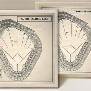 May include: Two vintage-style, cream-colored coasters with black text and a black and white diagram of Yankee Stadium. The text reads "Yankee Stadium Data".