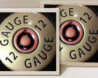 12 Gauge Bullet Image Set of 2 Ceramic Tile Coasters