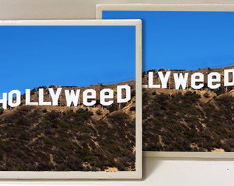 Hollywood Hollyweed Sign Set of 2 Ceramic Tile Coasters