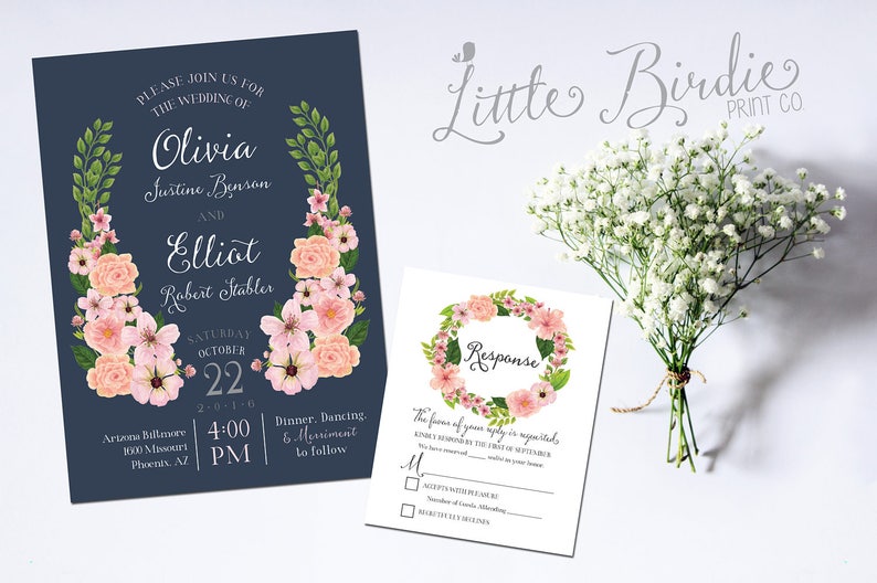 Wedding Invite /& RSVP Digital Printable or Printed Cards Watercolor Flowers Wedding Invitation Suite