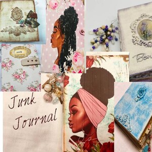 Peut inclure: Un collage de six journaux de rebut faits à la main avec différentes couvertures. Les couvertures présentent des motifs floraux, des dessins peints et des embellissements décoratifs. Le texte "Junk Journal" est écrit en cursive en bas de l'image.