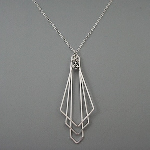 Art Deco Necklace, geometric silver statement necklace on sterling chain, architecture jewelry - Tiered Arrow