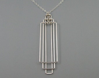 Silber Statement Kette, Art Deco Halskette, geometrischer Brautschmuck, Trauzeugin Geschenk - Tiered Rectangle