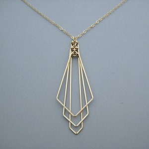 Art Deco Fan Necklace - minimalist statement wedding jewelry on 14kt gold filled chain, math teacher gift - Tiered Arrow