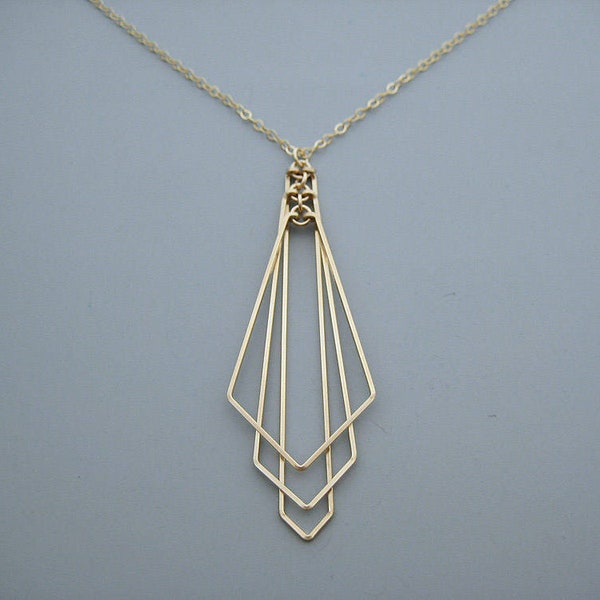 Art Deco Fan Necklace - minimalist statement wedding jewelry on 14kt gold filled chain, math teacher gift - Tiered Arrow