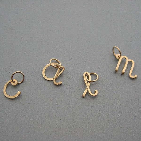 Gold Initial Pendant - 1 (one) 14k gold filled delicate script, personalized lowercase cursive letter, custom wire charm