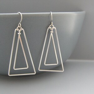 Silver Triangle Earrings, Double Triangle Earrings, minimalist geometric jewelry, math teacher or college student gift - Linked Up