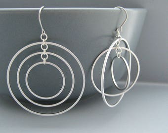 Triple Hoop Earrings, Silver Circle Earrings, medium dangle multi hoops, office work jewelry, coworker gift - Concentric