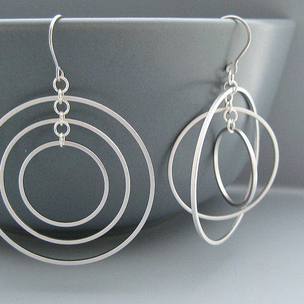 Triple Hoop Earrings, Silver Circle Earrings, medium dangle multi hoops, office work jewelry, coworker gift - Concentric