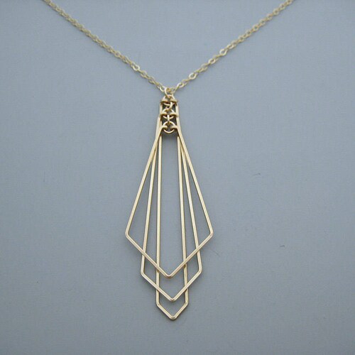 Art Deco Fan Necklace - minimalist statement wedding jewelry on 14kt gold filled chain, math teacher gift - Tiered Arrow