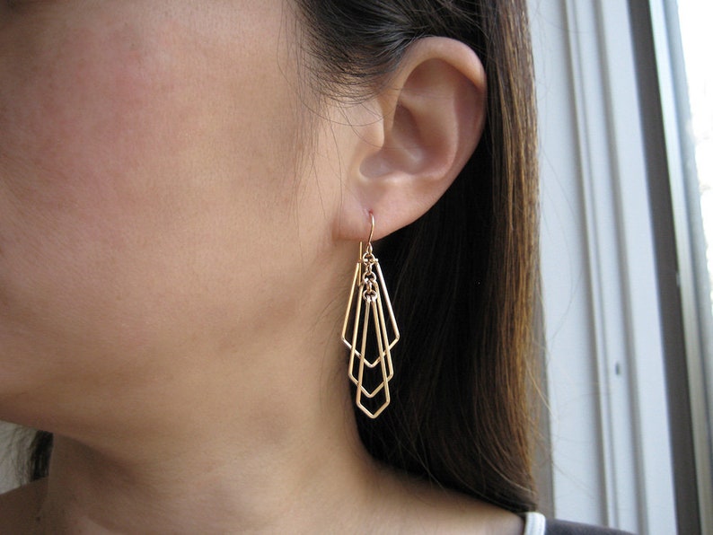 Gold Art Deco Fan Earrings minimalist geometric wedding jewelry, engineer or math teacher gift Tiered Fan image 5