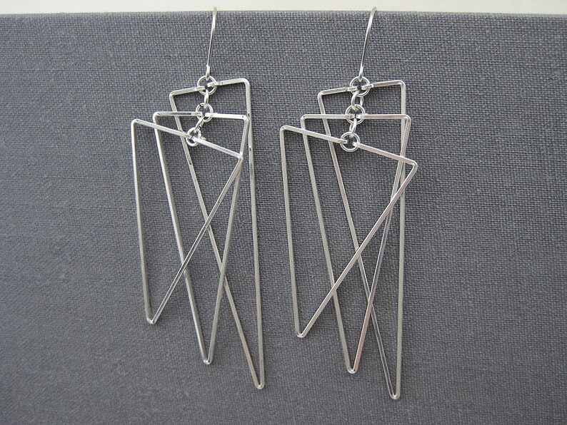 silver long geometric jewelry Tiered Isosceles wedding statement triangle fan Art Deco Earrings math teacher edgy earrings