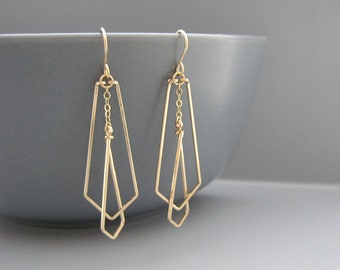 Gold Geometric Earrings inspired by art deco architecture, engineer and math teacher gifts - Interlocking Arrows Small