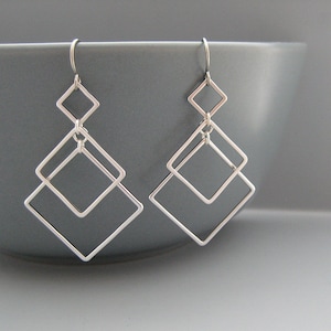 Square Dangle Earrings - silver art deco earrings, math teacher gift, engineer jewelry - Triple