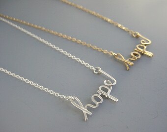 Hope Necklace - Cursive Word with Delicate Sterling Silver or 14K Gold Filled Chain, Mixed Metal Inspirational Jewelry