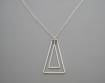 Silver Triangle Necklace, math teacher gift, minimalist geometric jewelry for engineer or college student, two triangles Linked Up