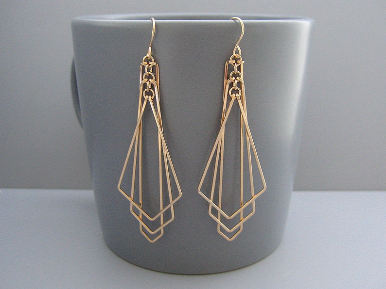 Art Deco Earrings, gold geometric earrings, nickel free wedding statement jewelry, modern minimalist bridal earrings, Tiered Arrow image 2