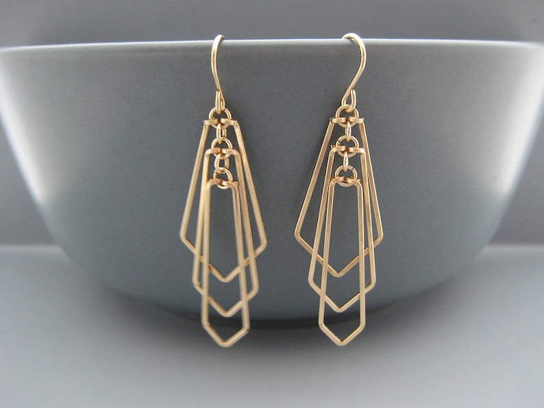 Gold Art Deco Fan Earrings minimalist geometric wedding jewelry, engineer or math teacher gift Tiered Fan image 2