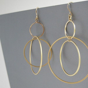 Multi Hoop Earrings - three gold circle, long statement orbital earrings, modern minimalist work jewelry, science fiction gifts