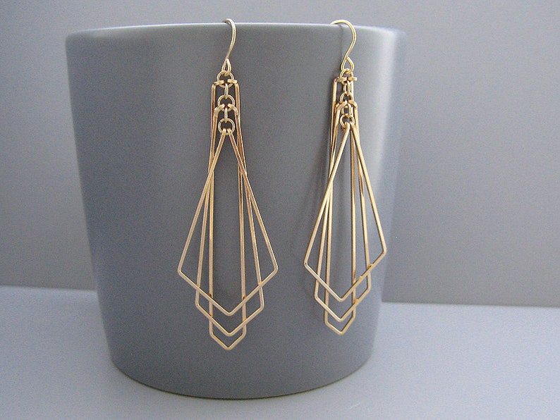 Art Deco Earrings, gold geometric earrings, nickel free wedding statement jewelry, modern minimalist bridal earrings, Tiered Arrow image 1