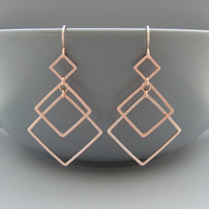 Rose Gold Art Deco Earrings - 3 square geometric minimalist architectural jewelry, women engineer or math teacher gifts - Triple