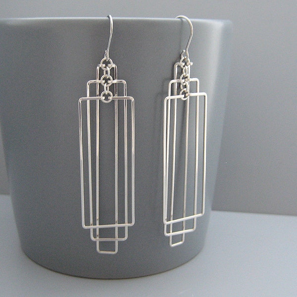 Art Deco Ohrringe - Rechteck Ohrringe, geometrischer Schmuck aus Silber, Architektur Geschenke, moderne minimalistische Hochzeit - Gestufte Rechtecke