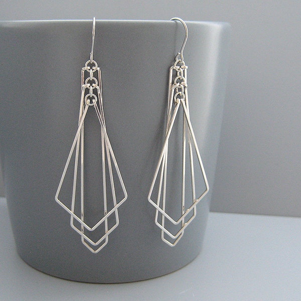 Art Deco Earrings, silver geometric earrings, nickel free wedding statement jewelry, fan shaped minimalist bridal earrings, Tiered Arrow