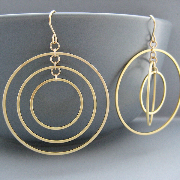 Multiple Hoop Earrings - Gold Dangle Concentric Circle, office jewelry, Nested Hoop Orbital Earrings, science fiction gift