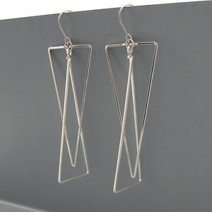 Double Triangle Earrings, long silver geometric minimalist, career women or working mom gift - Interlocking