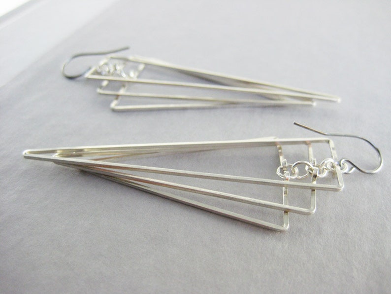 silver long geometric jewelry Tiered Isosceles wedding statement triangle fan Art Deco Earrings math teacher edgy earrings