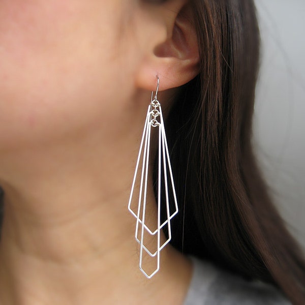 Edgy Earrings, lightweight statement earrings, extra long silver art deco fan, modern minimalist jewelry - Tiered Arrow Large
