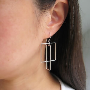 Interlocking Silver Square and Rectangle Earrings, Geometric Minimalist Jewelry, coworker gift ideas, math teacher or engineer gifts