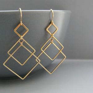 Gold Art Deco Earrings - 3 square modern minimalist architectural jewelry, math teacher gifts - Triple