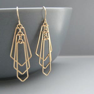 Gold Art Deco Fan Earrings - minimalist geometric wedding jewelry, engineer or math teacher gift - Tiered Fan