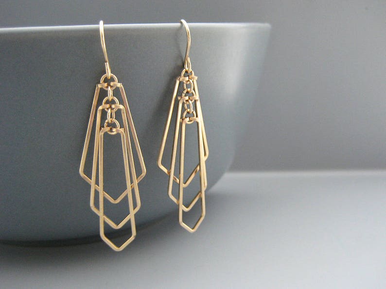Gold Art Deco Fan Earrings minimalist geometric wedding jewelry, engineer or math teacher gift Tiered Fan image 1