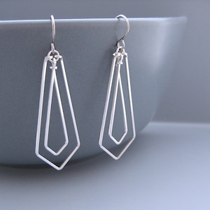 Silver Art Deco Earrings, triangle chevron earrings, minimalist geometric jewelry, women engineer or math teacher gift - Linked Arrows Up