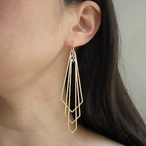 Gold Geometric Statement Earrings - Art Deco Fan Wedding Earrings, modern minimalist - Tiered Arrows Large