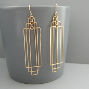 Gold Art Deco Earrings, rectangle geometric jewelry, nickel free gold fill earrings, math teacher or engineer gift - Tiered