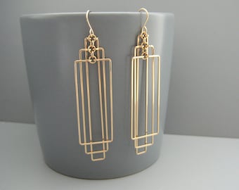 Gold Art Deco Earrings, rectangle geometric jewelry, nickel free gold fill earrings, math teacher or engineer gift - Tiered