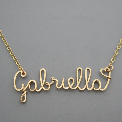 14k Gold Filled Name Necklace with Tiny Heart, personalized cursive wire word, delicate chain, new mom jewelry, anniversary or birthday gift