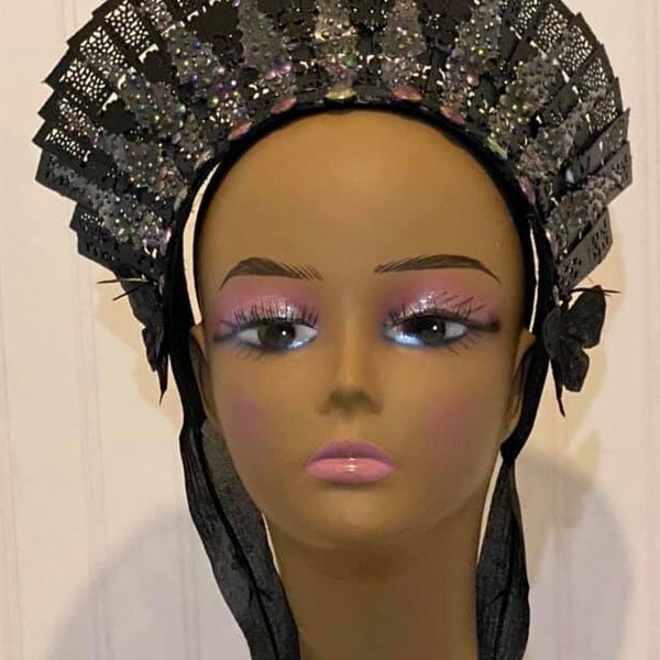 Headpiece. Headband. Black headpiece. Black headband. Black iridescent teardrops.