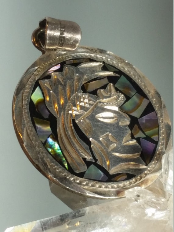 Sterling Silver Mexican Aztec Abalone Pendant Char