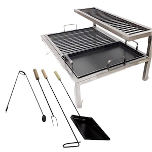 Parrilla de hierro argentino con plancha y juego de herramientas - Parrilla de dos niveles