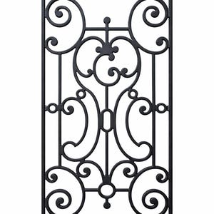 Può includere: Pannello decorativo in ferro battuto nero con un design ornato e simmetrico. Il pannello presenta curve a spirale, cerchi ed elementi floreali, creando un'estetica classica ed elegante. Il pannello rettangolare è su sfondo bianco.
