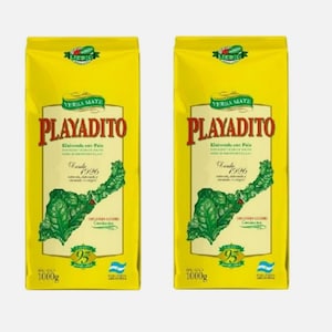 May include: Two yellow bags of Playadito Yerba Mate, a traditional South American beverage. Each bag features a green island with the text "Isla Y 72°S" and "Origen Liebre - Corrientes". The bags are labeled with the brand name "Playadito" and the weight "1000g".